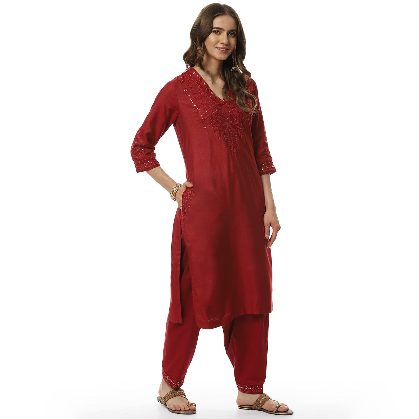 BIBA WOMEN EMBROIDERY RELAXED SALWAR KURTA DUPATTA(SKDCHIKANKA8155_CHERRY RED_36)
