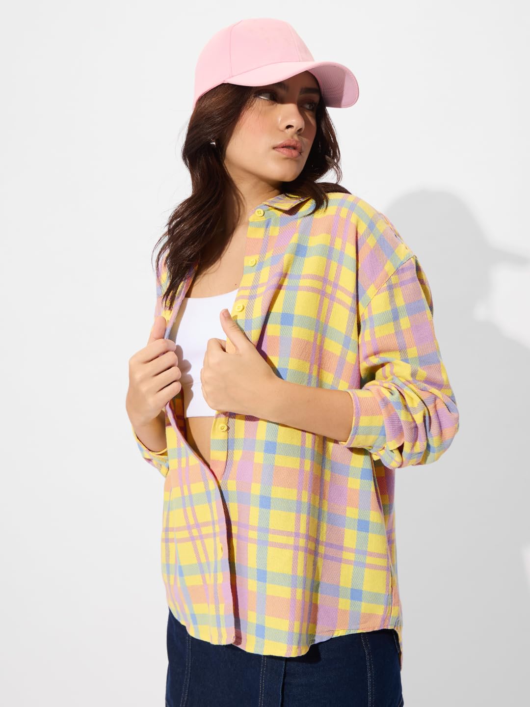 The Souled Store Plaid: Citron Women and Girls Long Sleeve Collared Neck Button Down Boyfriend Shirts Womens Boyfriend Shirts Casual Button-Down Full Sleeve Solid Short Sleeve Casual Workwear