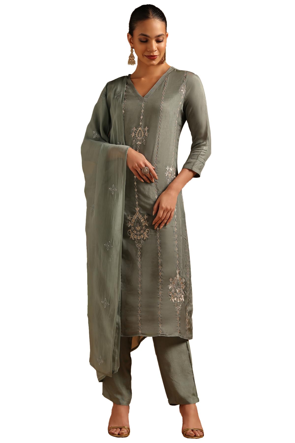 Soch Womens Green Dola Silk Ethnic Motifs Salwar Suit With Sequins