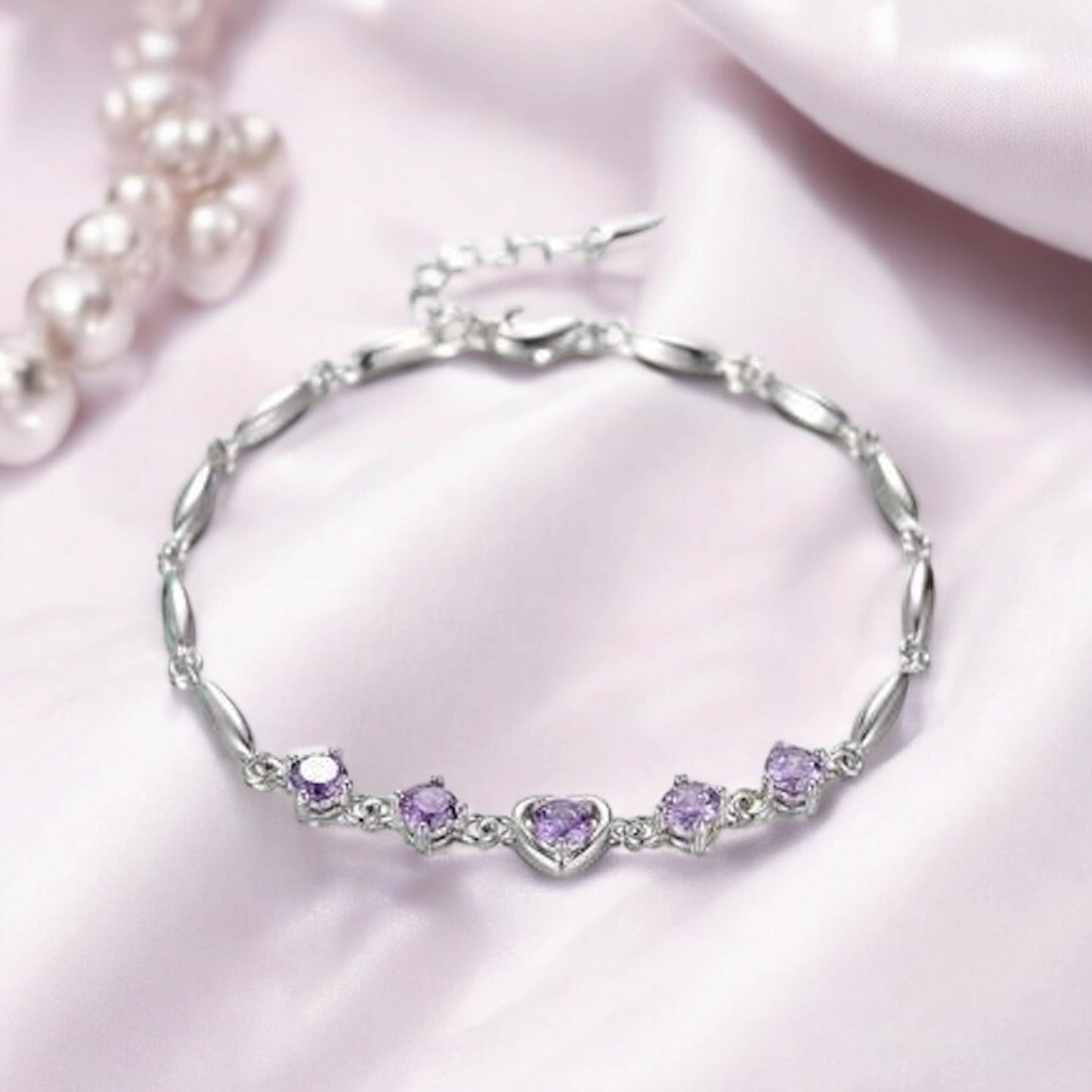 Nilu's Collection Copper Sterling Silver Plated Heart Shape Designed Charm Bracelet for Women (Pack of 1,Purple) (Purple)