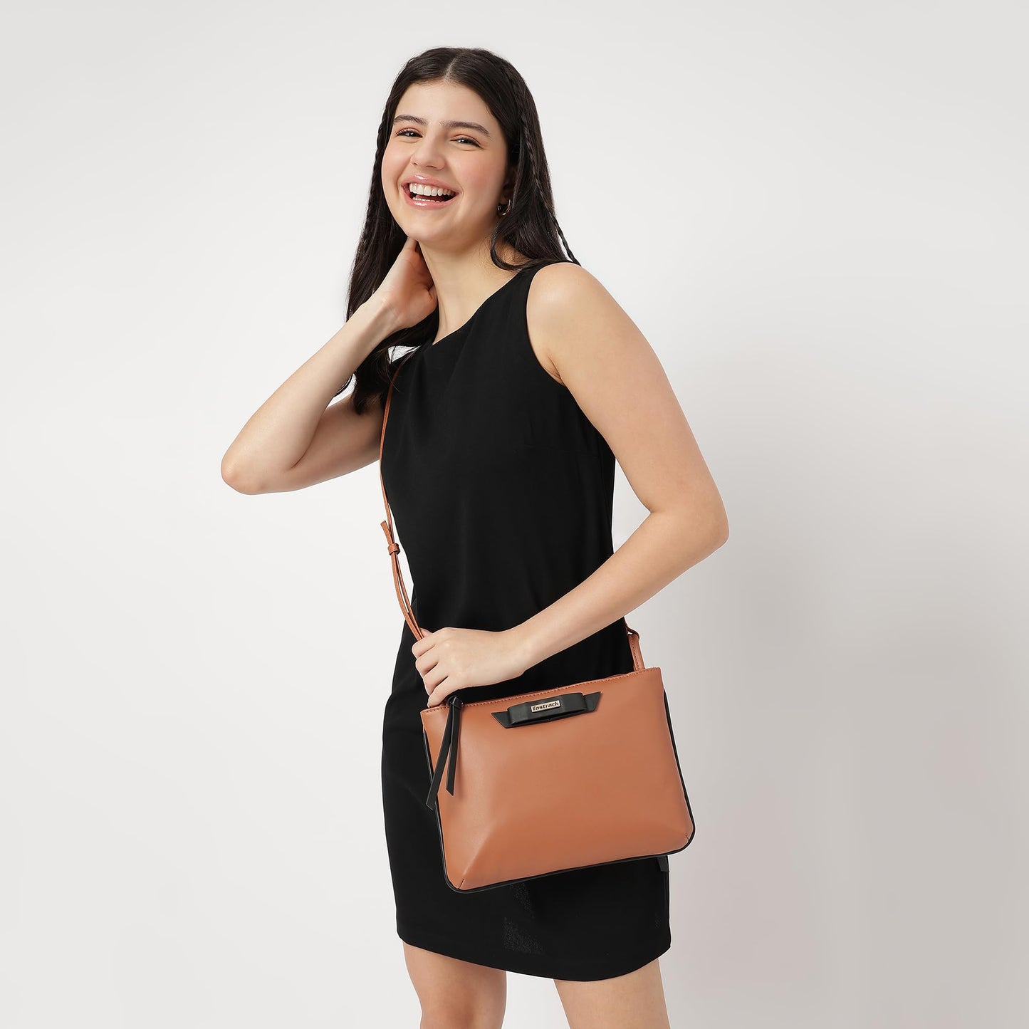 Fastrack Solid PU Structured Sling Bag for Women with Bow Detail | Metal Zipper | Slings for Casual Carry | Ladies Purse Handbag | Trendy Slings for Women