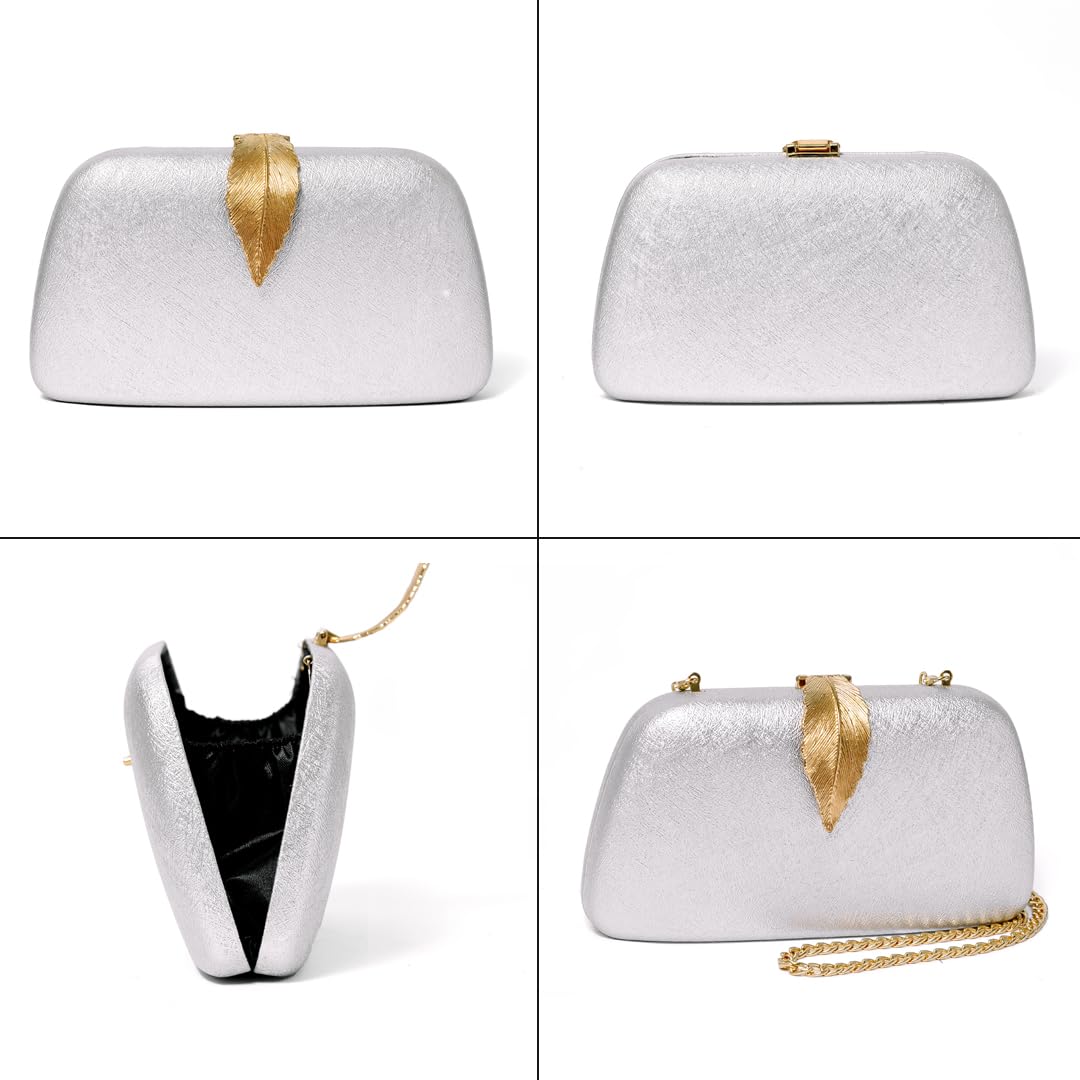 INOVERA (LABEL) Women Evening Hand Clutch | Ladies Party Wedding Purse with Chain Strap (Silver)