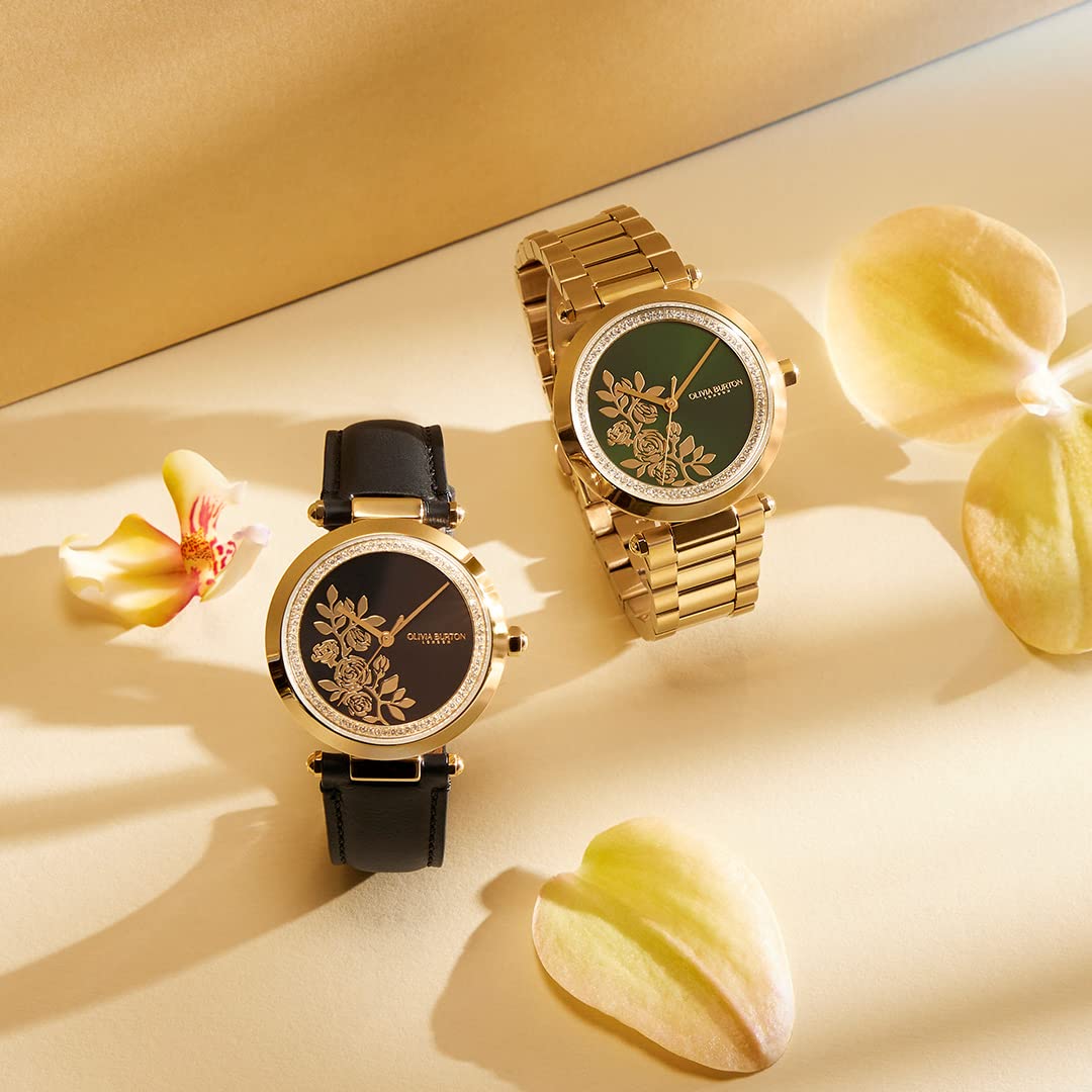 Olivia burton Tbar Floral Qtz Basic Green & Stone Round Dial Women's Watch|Ionic Plated Gold Steel Material|Gold Color Band - 24000043