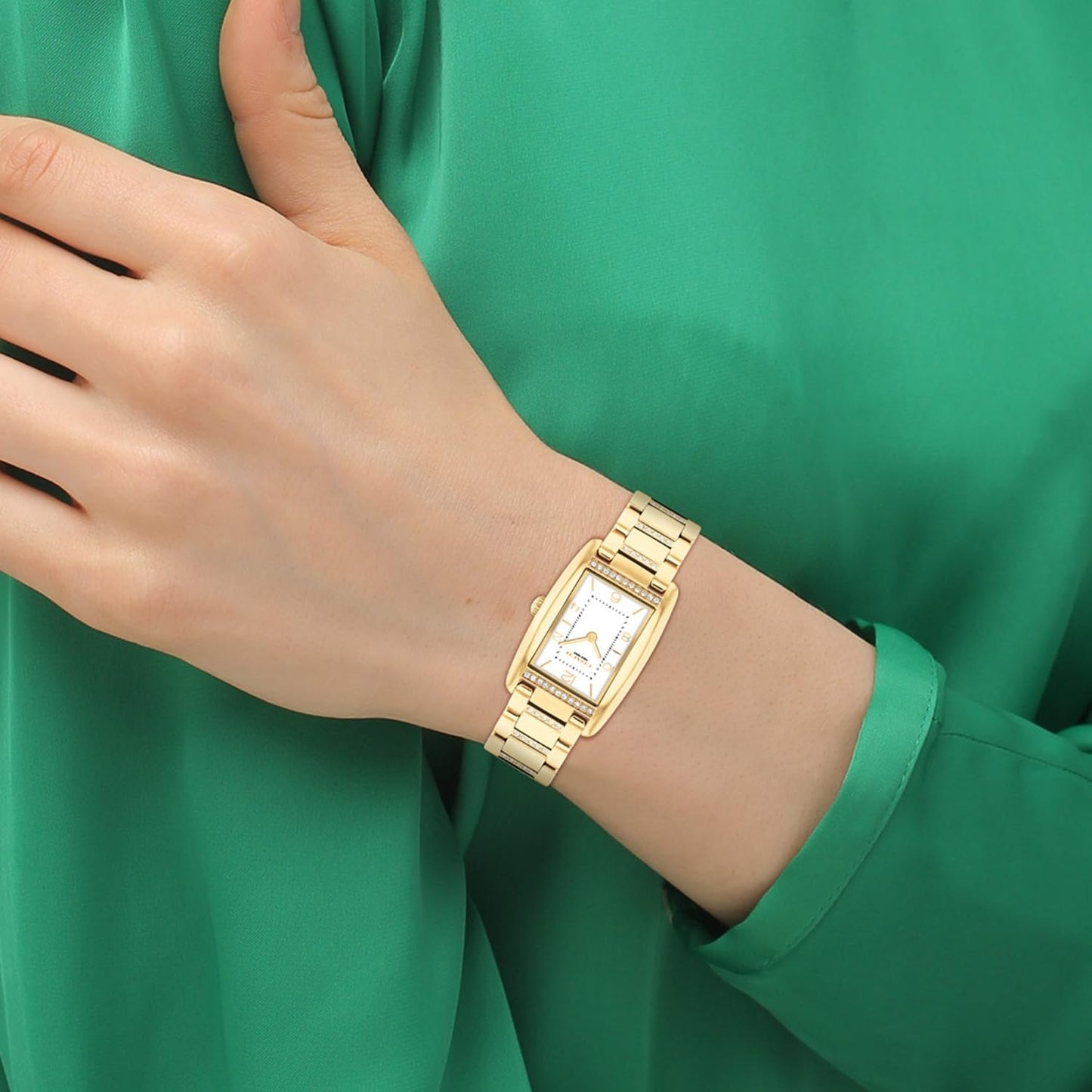 Coach Reese Qtz Basic White Rectangle Dial Women's Watch|Ionic Plated Thin Gold Steel & Crystals Material|Gold Color Band - 14504316