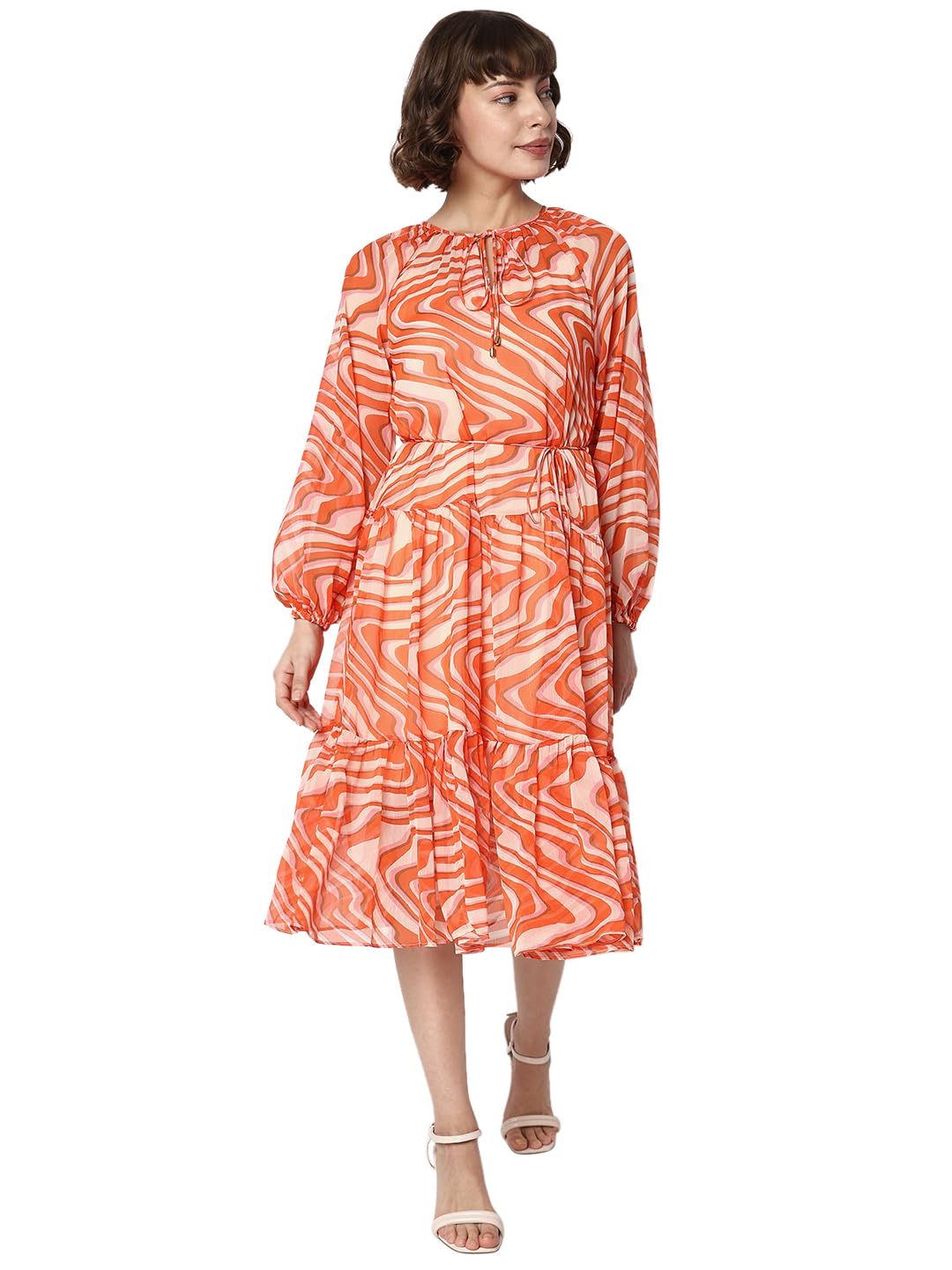 VERO MODA Women's Polyester Modern Midi Casual Dress (10299664-Coral Cloud_Coral