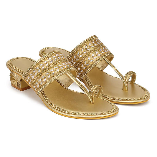 Shoetopia Women’s Golden Heel Sandals Block Heel Party Footwear Slip-On Footwear Elegant Shimmery Sandals for Wedding, Festive & Casual Outfits EU41