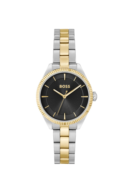 HUGO BOSS Boss Sage Qtz Basic Black Round Dial Multicolor Strap Women's Analog Watch|Two Tone Stainless Steel Material|Silver Color Band - 1502730