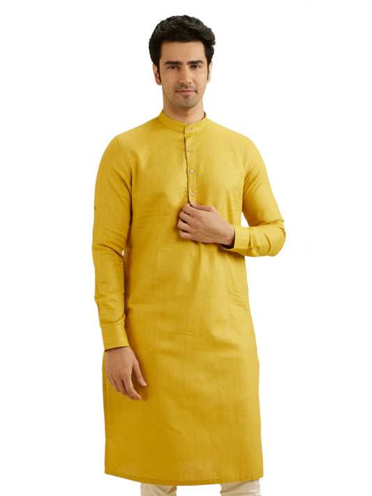 Manyavar Men's Cotton Solid Kurta (Mustard,L)