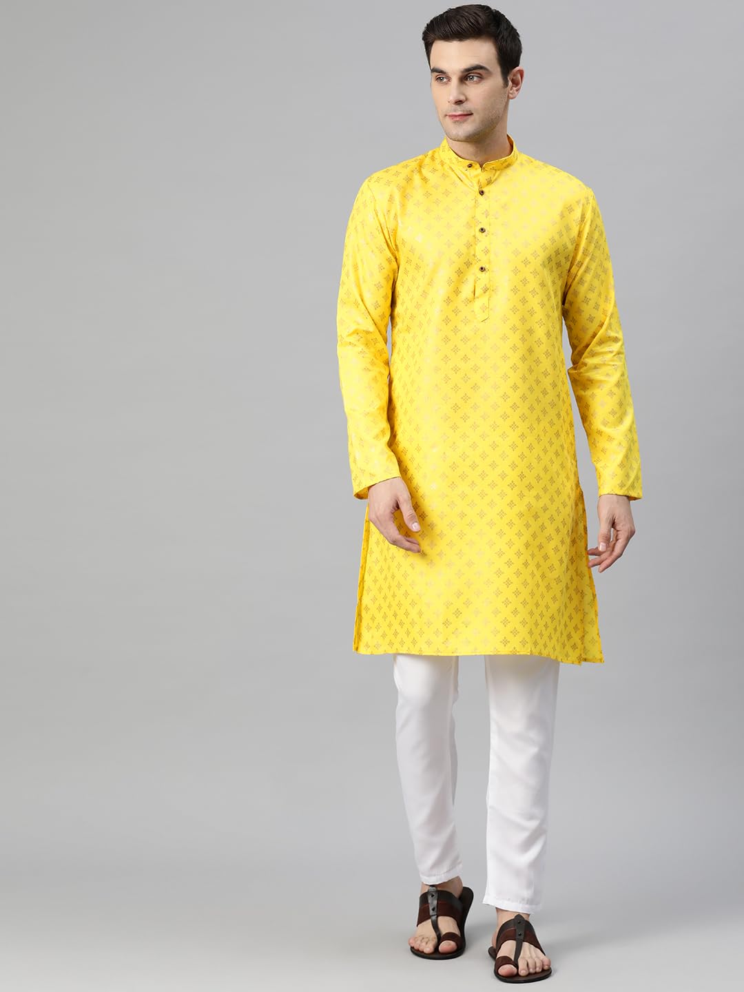 Luxrio Men's Polycotton Geometric Relaxed Kurta Yellow Gold