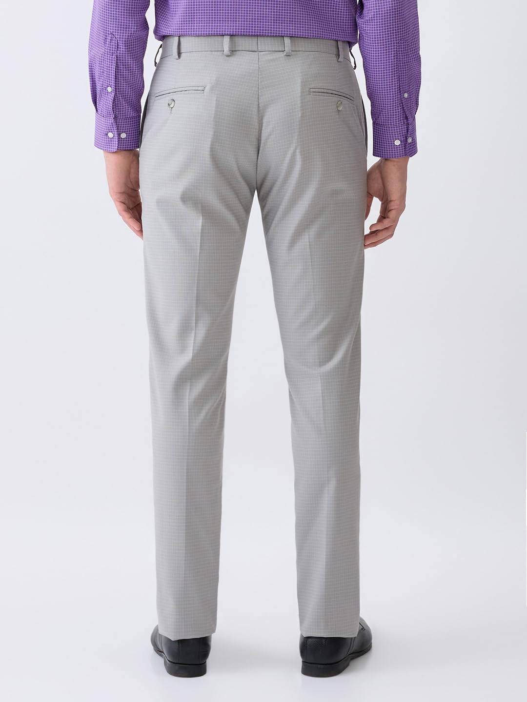 Park Avenue Men Slim Fit Checks Pattern Poly Viscose Blend Flat Front Formal Trouser (Size: 34)-PMTC08072 Light Grey