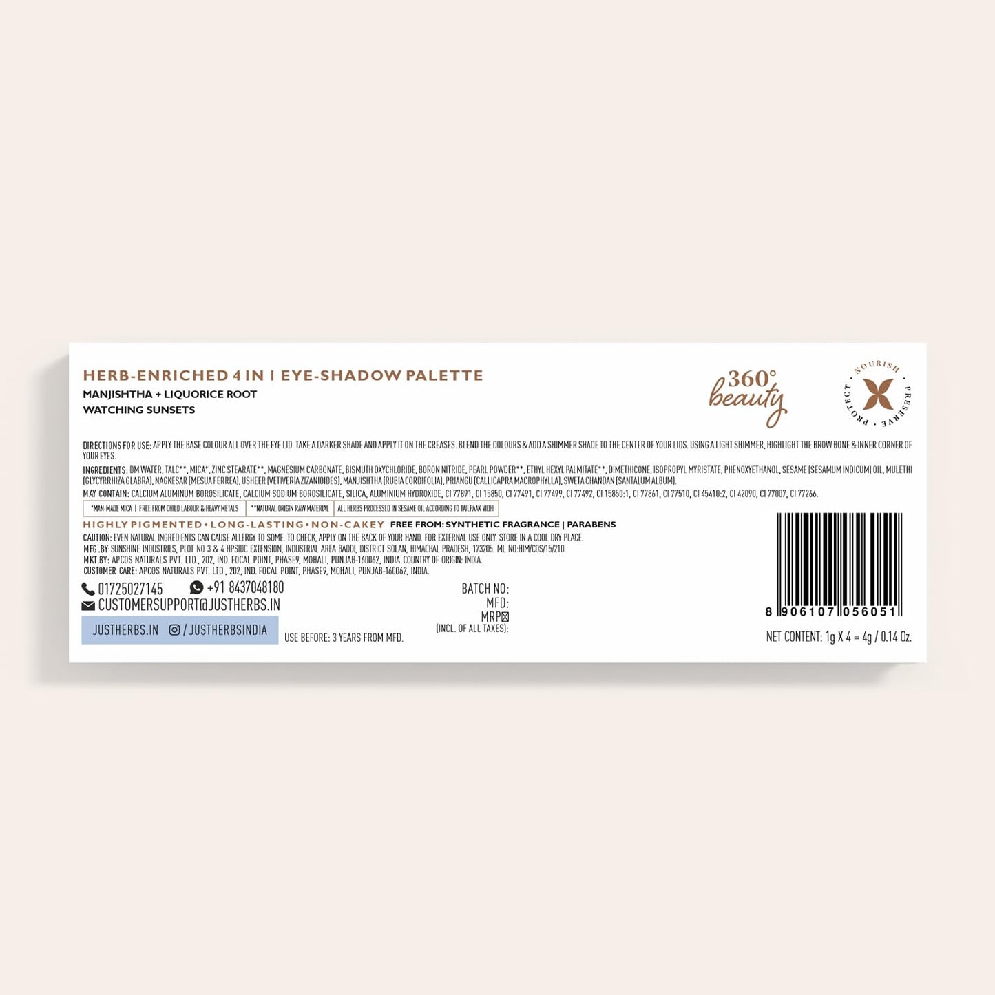 Just Herbs 4-in-1 Eye-shadow Palette Herb Enriched Manjishtha+Liquorice Root 4g (Watching Sunset)