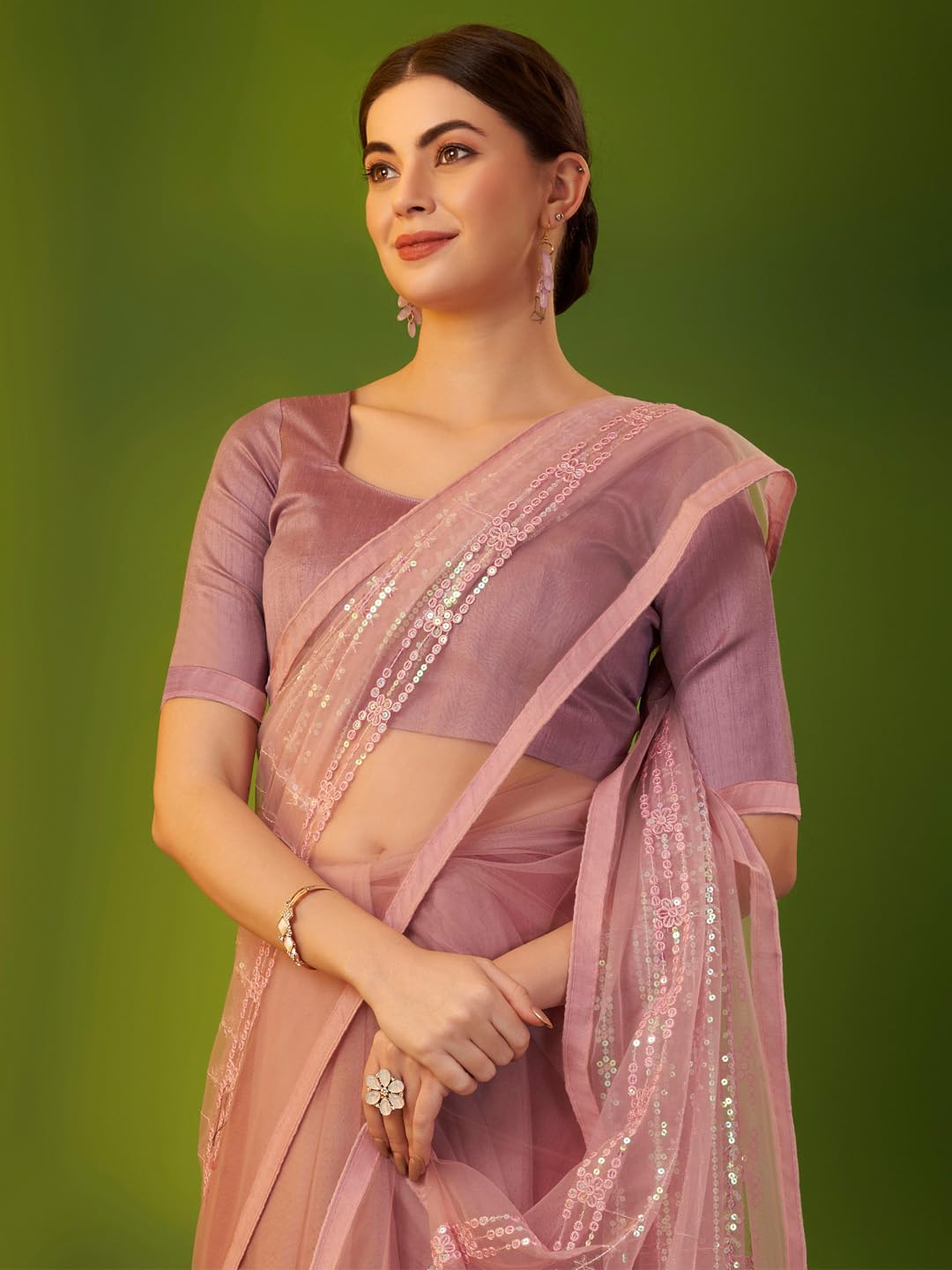 AKHILAM Women's Mauve Net Embellished Lace Work Saree with Unstitched Blouse Piece (AAVYA3501_HV)