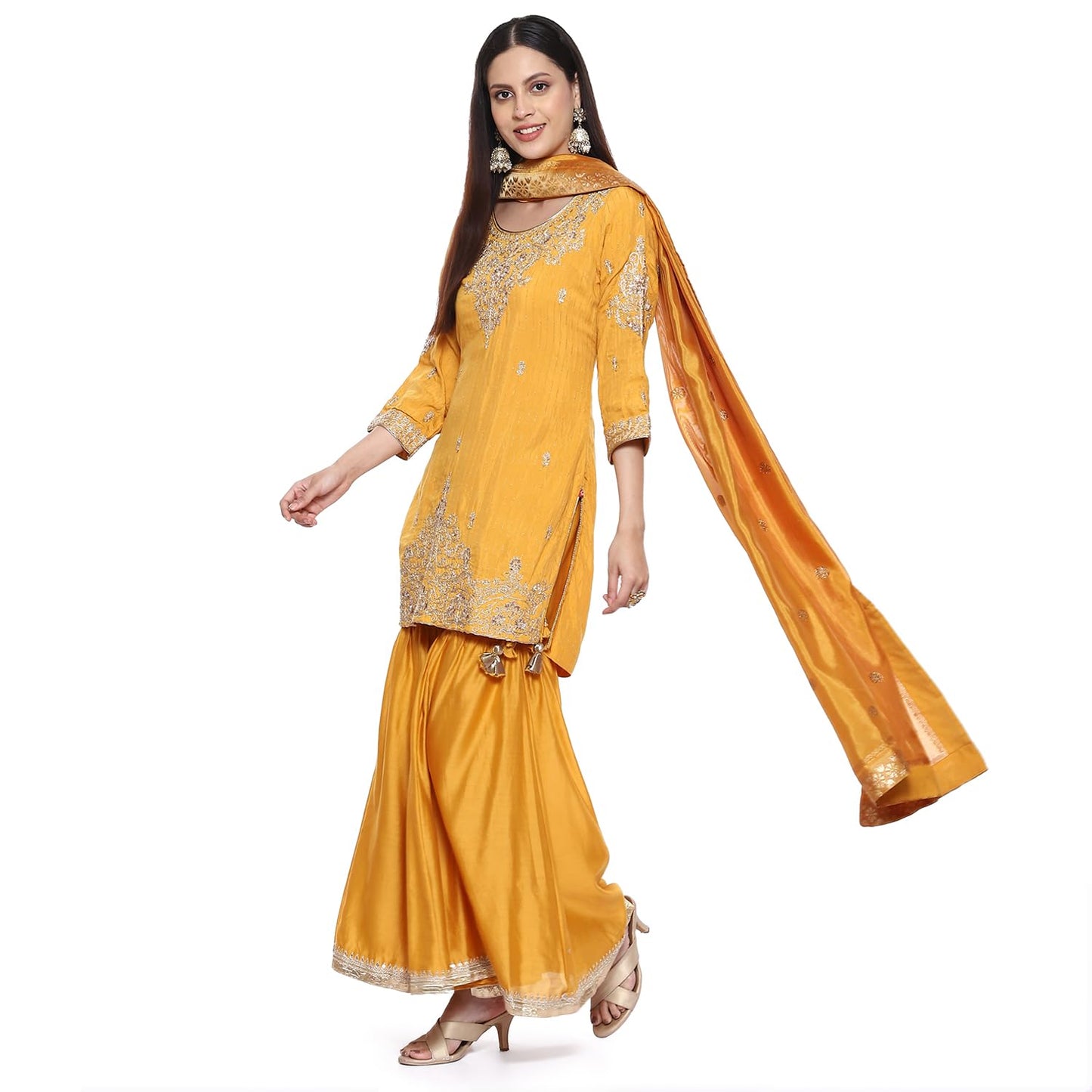 BIBA Viscose Women Embroidery Straight Salwar Kurta Dupatta(Skdkinari8925_Mustard_34)