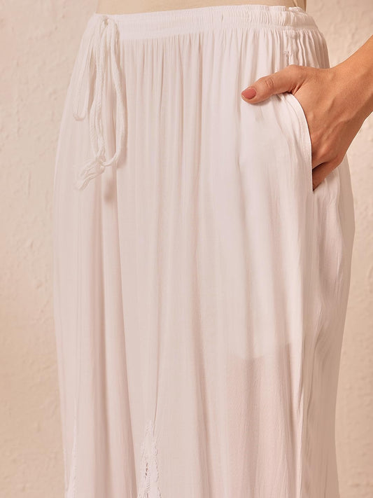 Ada Lucknowi Chikankari Hand Embroidered Modal Flared Palazzo for Women A711199 White