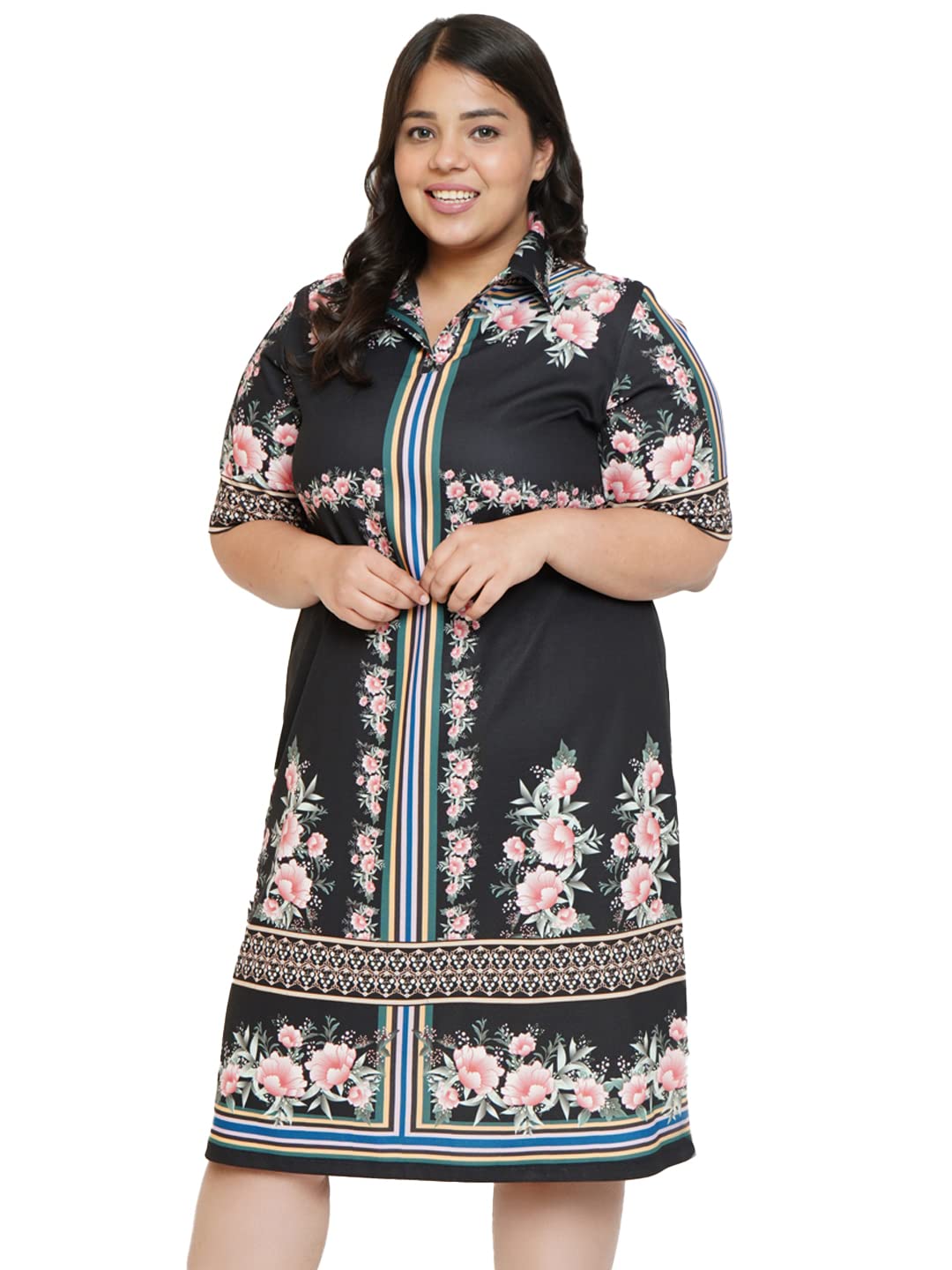 AMYDUS Women Plus Size Printed Polo Dress | Collared Neck | Short Sleeves | Smart Straight Fit | Knee Length | Western Dresses for Women - XL to 9XL