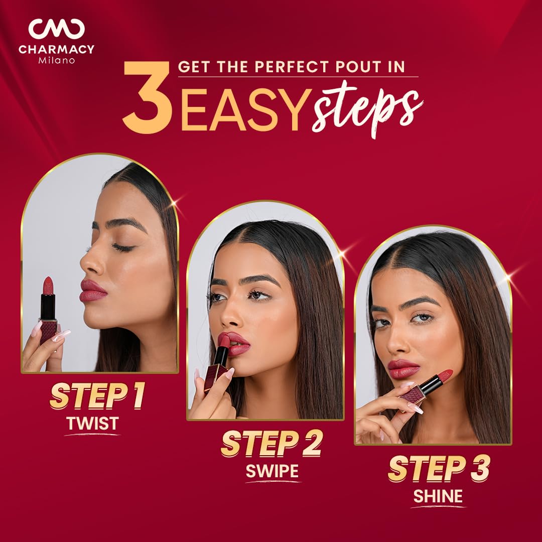 Charmacy Milano Diamond Rush - Amber 77, Creamy & Lightweight Lipstick, Long-Lasting Lipstick, Luxe Shimmer & Matt Finish, 3.8 Gms