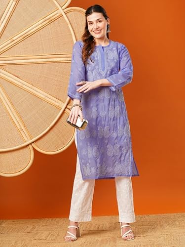 Ada Hand Embroidered Lucknowi Chikankari Cotton Kurti Kurta for Women A411610 Mauve (L)