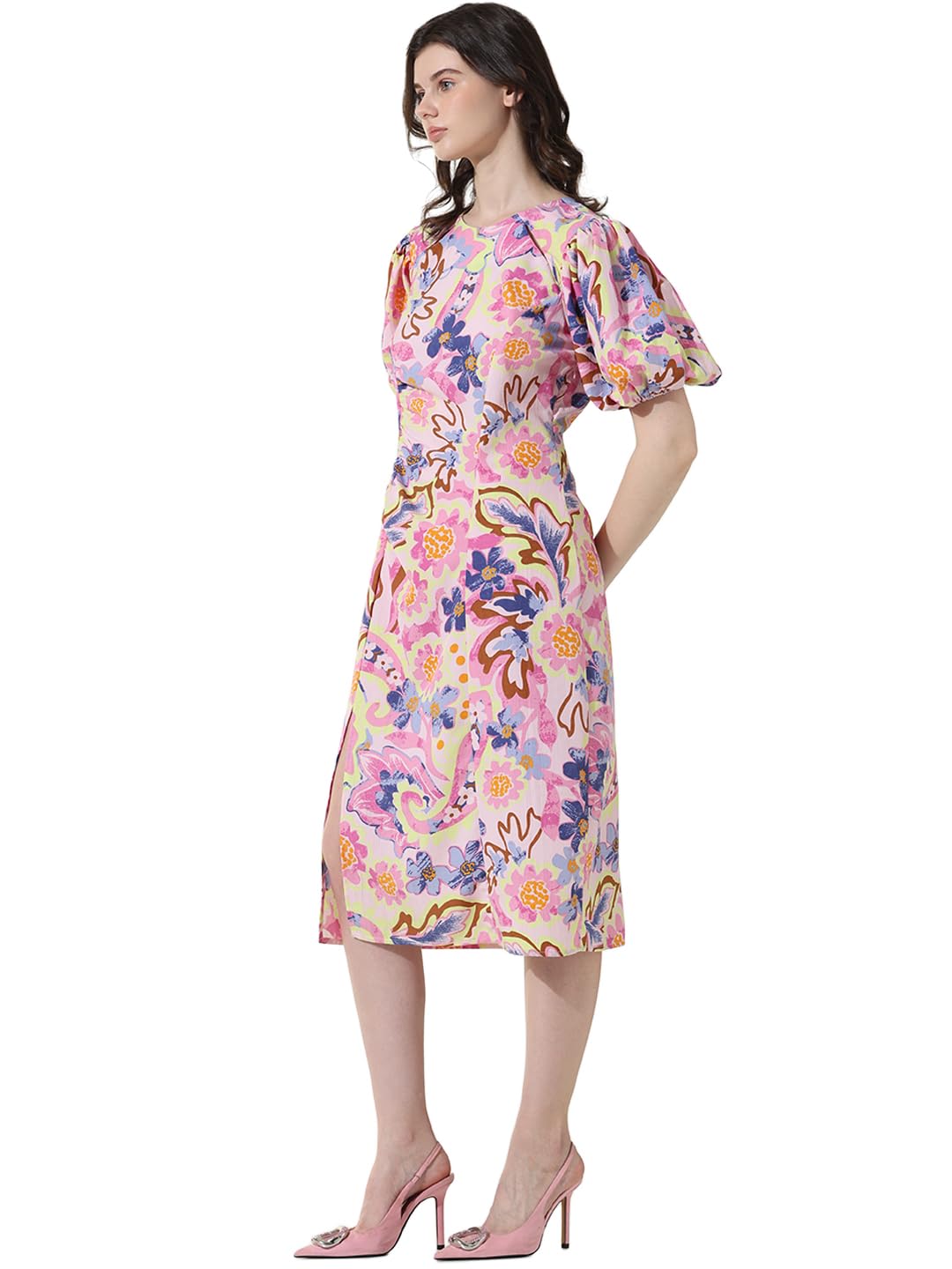 ONLY Women Printed Polyester Pink Midi Dress