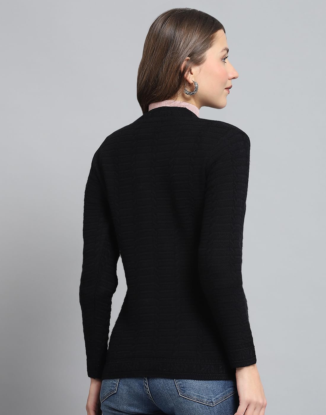 Monte Carlo Womens Self Design Black Round Neck Full Sleeve Cardigan