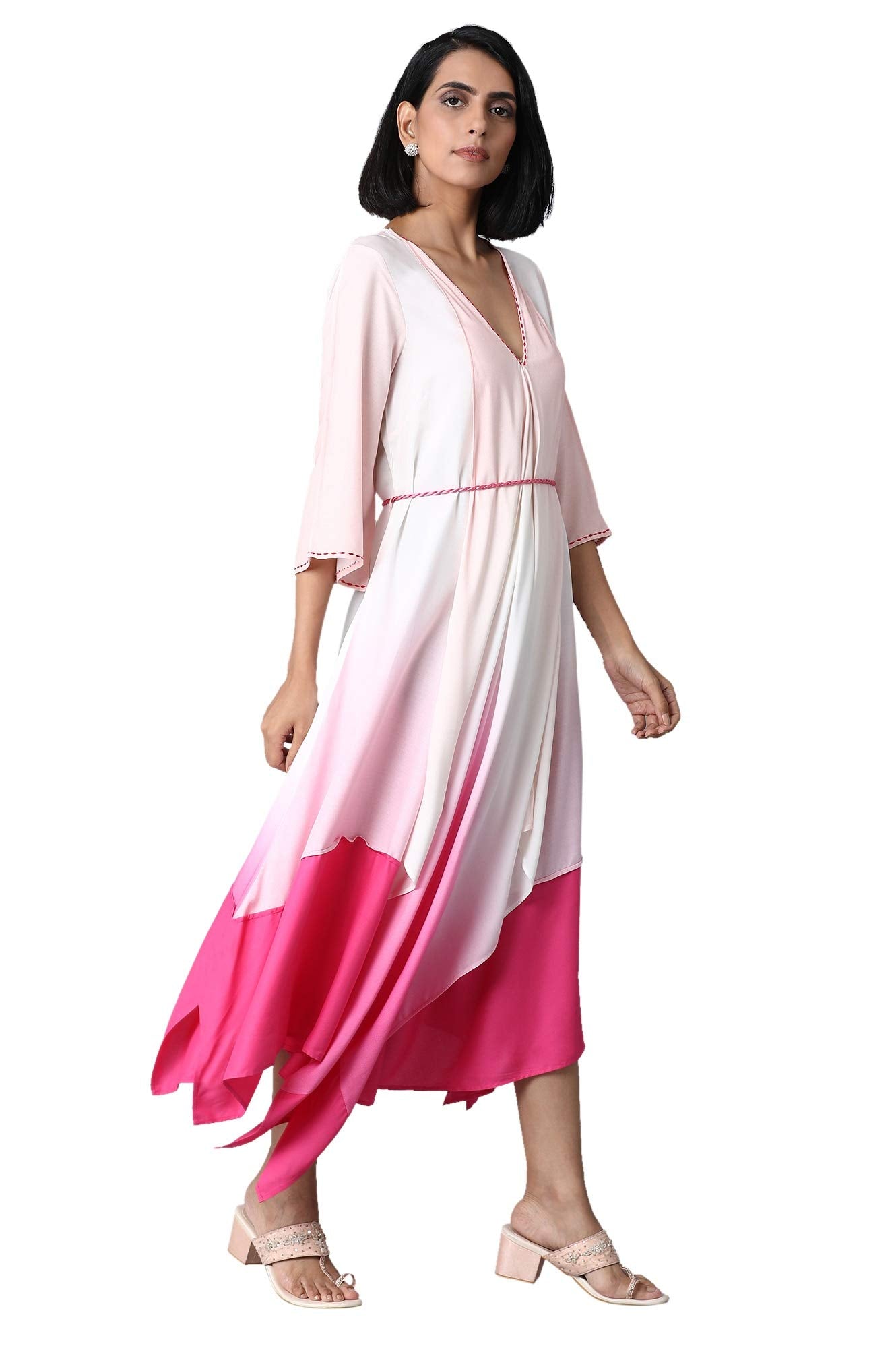 W for Woman Women's Viscose Flared Knee-Length Dress (21FEW13562-114375_Light Blue_8)