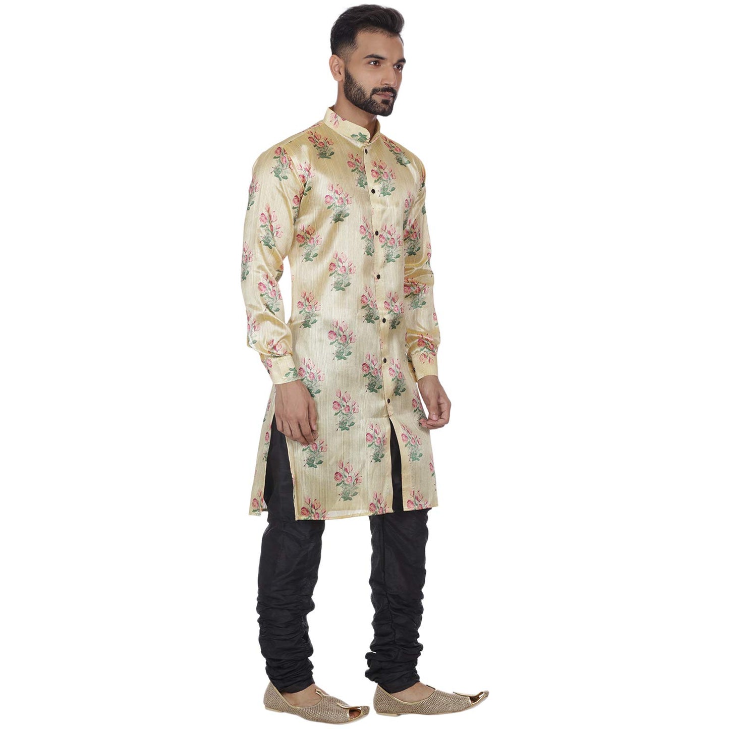 Veera Paridhaan Men's Beige Printed Zig Zag Long Silk Kurta and Black Silk Payjama