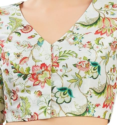 Studio Shringaar Women's Multi Coloured Printed V-Neck Saree Blouse (Multicolor, 48)