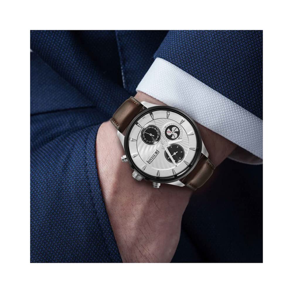 Titan Regalia Maritime White Dial Quartz Multifunction Leather Strap Watch for Men-NS1873KL01