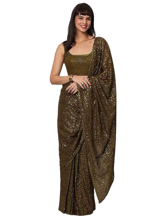 Zeel Clothing Women's Mehandi Green Sequins Work Heavy Georgette Saree with Blouse (1004-Olive-Green-Sequins-Party-Saree-New, Olive Green)