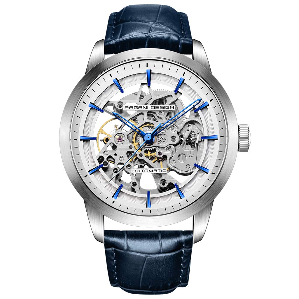 Pagani Design Automatic Mens Watches Skeleton Mechanical Wrist Watch For Men Waterproof Genuine Leather Watchband Luxury Self-Winding Stainless Steel Analog Watch Collection (Blue Silver 1638)