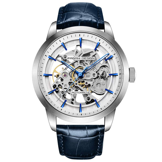 Pagani Design Automatic Mens Watches Skeleton Mechanical Wrist Watch For Men Waterproof Genuine Leather Watchband Luxury Self-Winding Stainless Steel Analog Watch Collection (Blue Silver 1638)