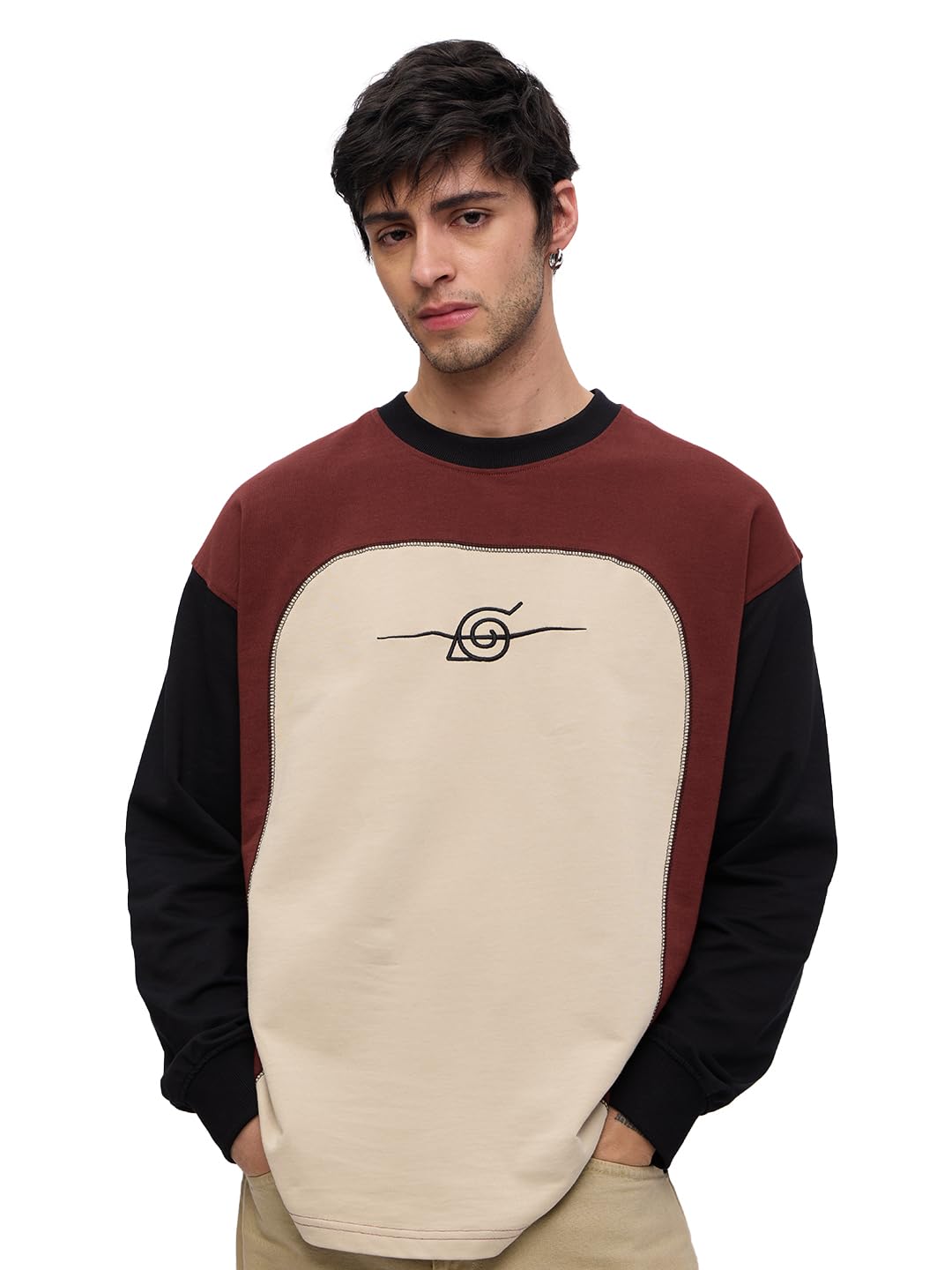 The Souled Store Naruto Shippuden: Konoha Leaf Rogue Men and Boys Round Neck Brown Colour Block Cotton Oversized Full Sleeve T-Shirts