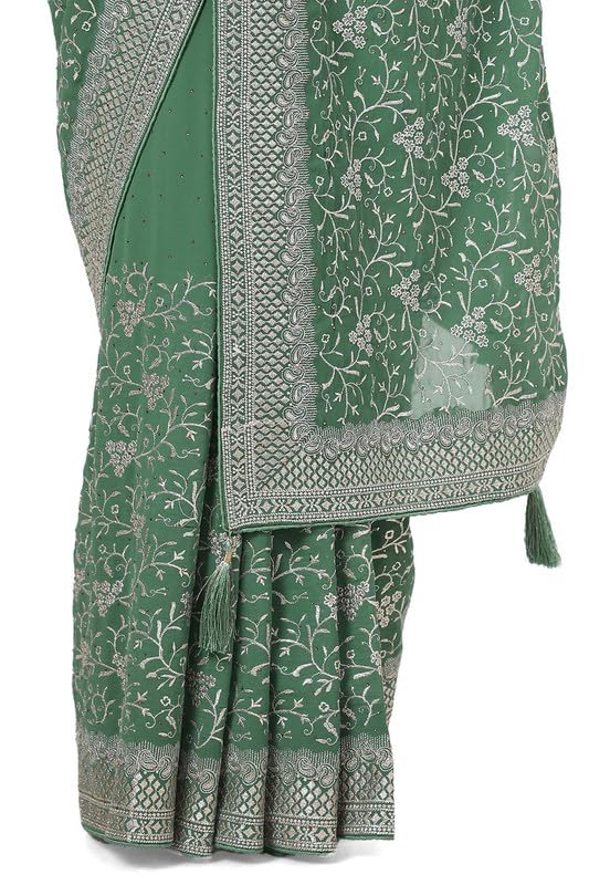 Soch Womens Light Green Georgette Embroidered Saree With Stone Work