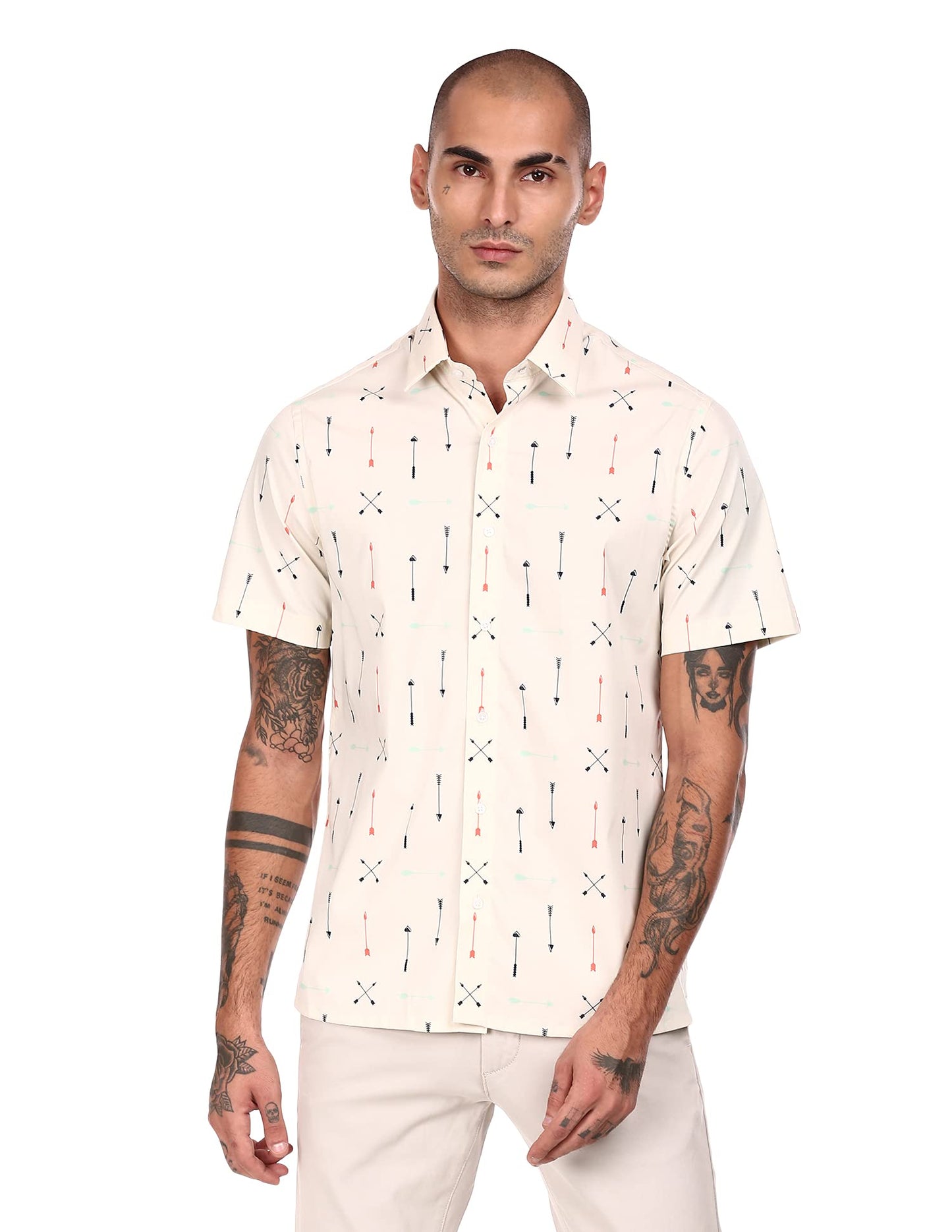 Arrow Men's Printed Slim Shirt (ANABSH1031_Beige 38)