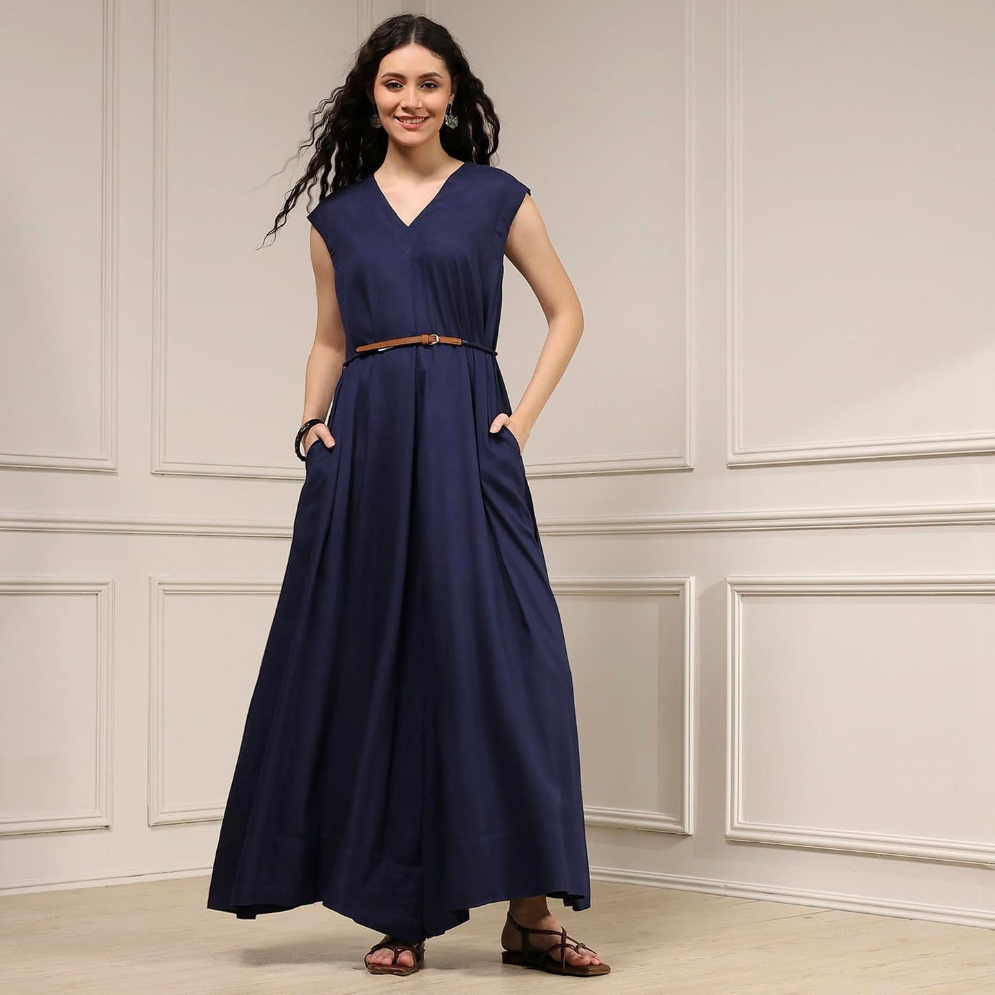 Biba Women's Rayon Asymmetric Floor Length Jumpsuit (RTRDMA31112AW25NVY_Navy Blue