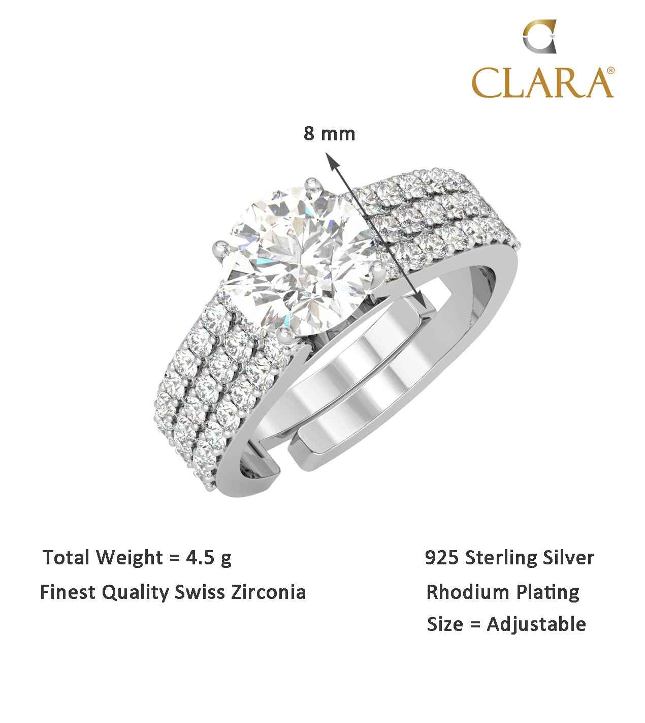CLARA Pure 925 Sterling Silver Statement Solitaire Finger Ring with Adjustable Band | Gift for Women Girls Wife Girlfriend | Swiss Zircon Rhodium Plated