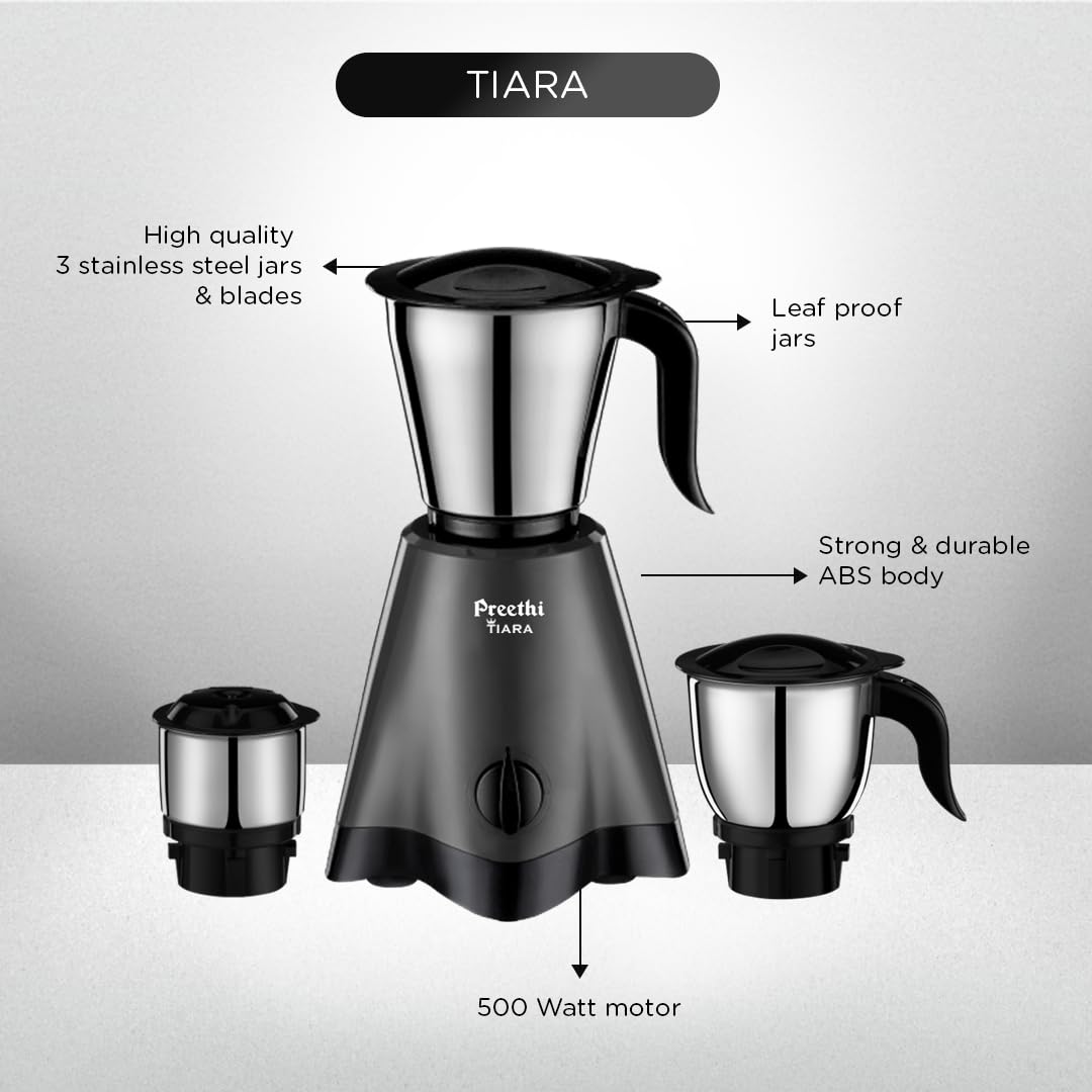 Preethi Tiara Mixer Grinder for Kitchen | 500 Watt Mixie | 3 Stainless Steel Jars (0.3L, 0.7L and 1.2L) | Grey & Black
