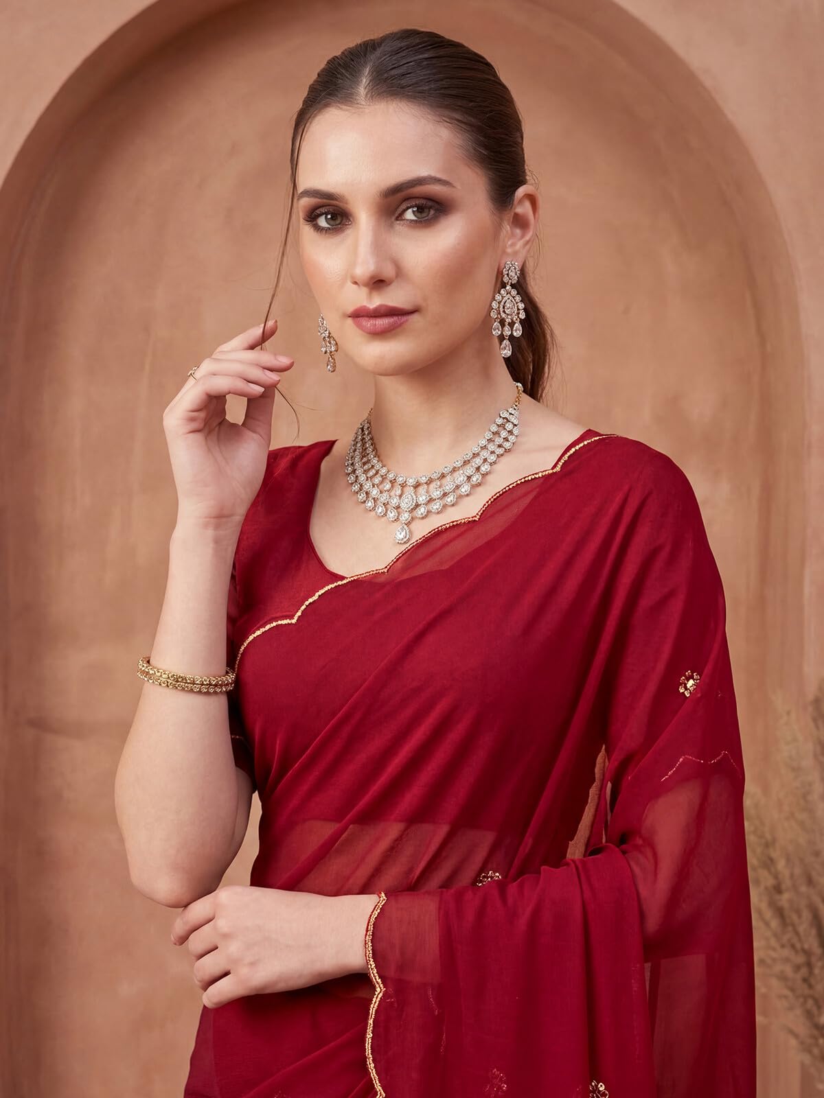 SIRIL Women's Silk Scalloped Border Saree with Unstitched Blouse Piece (5077S843A_Maroon)