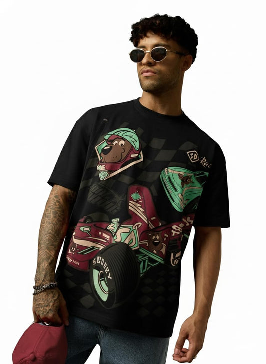 The Souled Store Scooby Doo: Racer Men and Boys Short Sleeves Round Neck Black Graphic Printed Racing Lightweight Drop Shoulder Streetwear Trendy Oversized T-Shirt