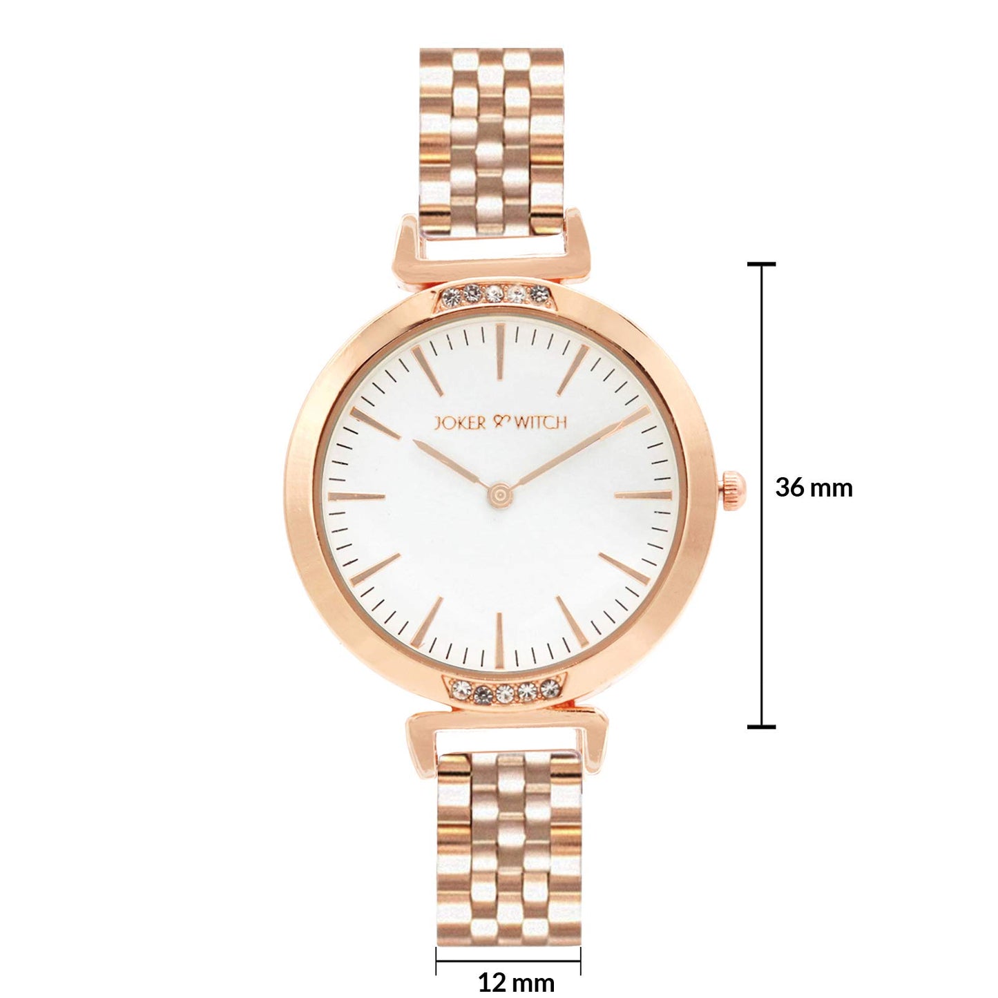 Joker and Witch Petite 36mm White Dial 12mm Rose Gold Stainless Steel Strap Watch for Women