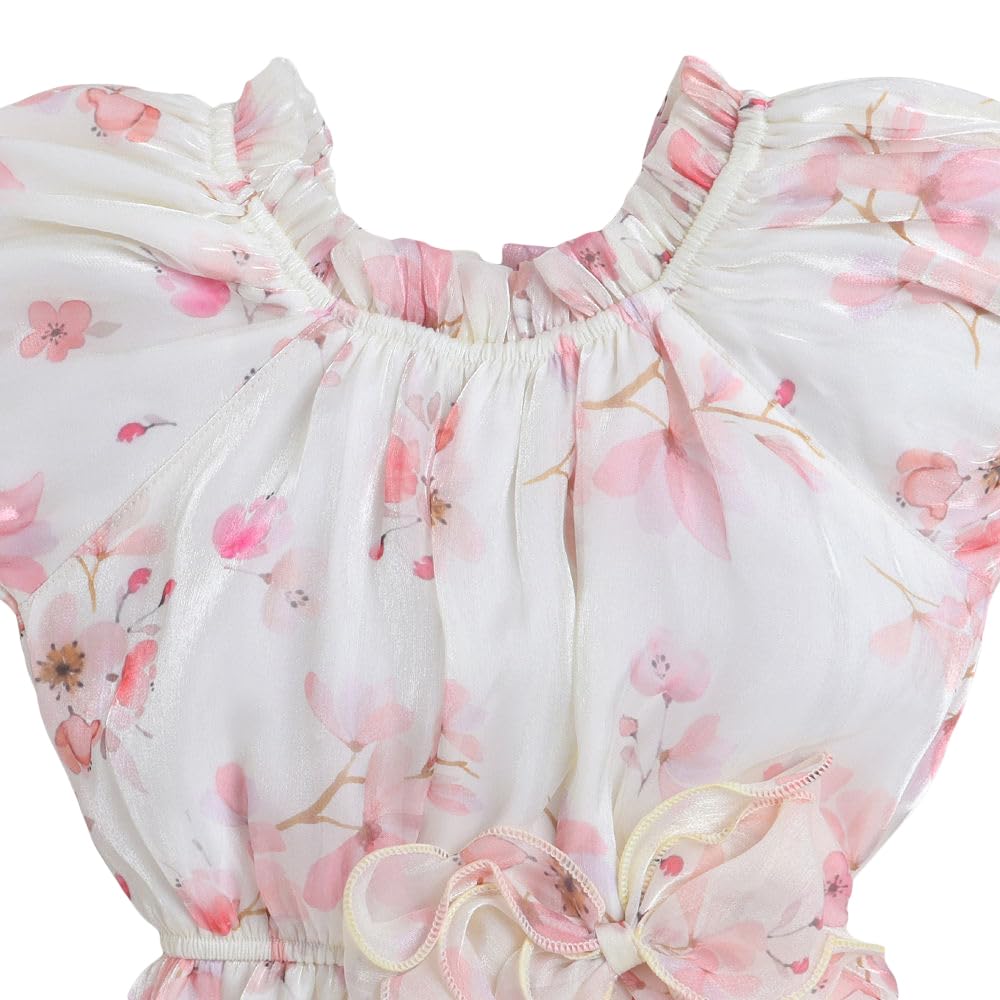 Hopscotch Girls Polyester Floral Print Casual Dress in Off-White Color For Ages 9-10 Years (TMW-4440342)