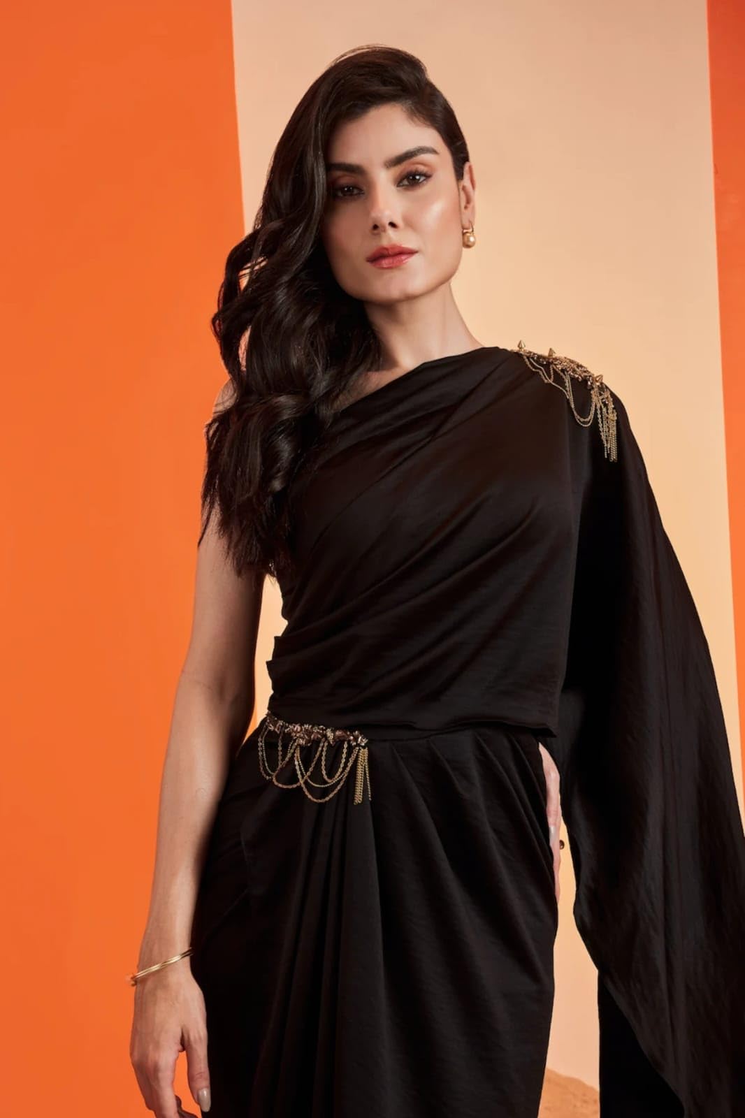 HarLiv One Shoulder Black Saree Gown Women - Party, Cocktail, Wedding Dress (Black) XS