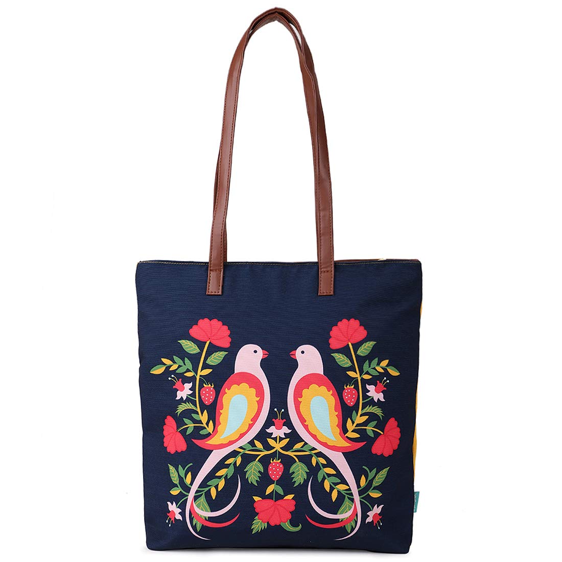 Chumbak Feathered Mates Tote Bag – Canvas Shoulder Bag for Women, Colorful Bird Print, Zipper Closure, Ideal for College, Travel, Office