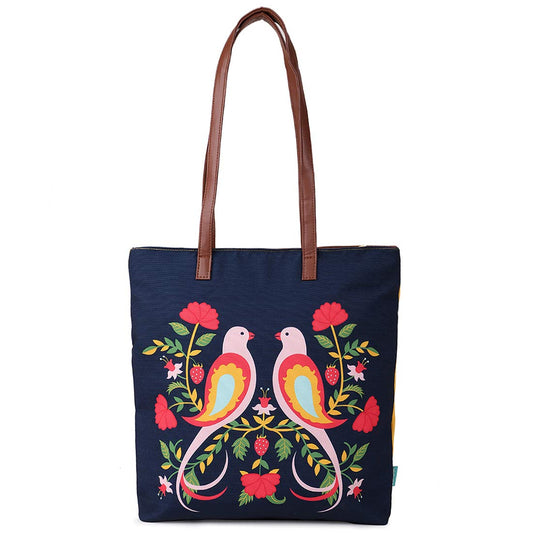 Chumbak Feathered Mates Tote Bag – Canvas Shoulder Bag for Women, Colorful Bird Print, Zipper Closure, Ideal for College, Travel, Office