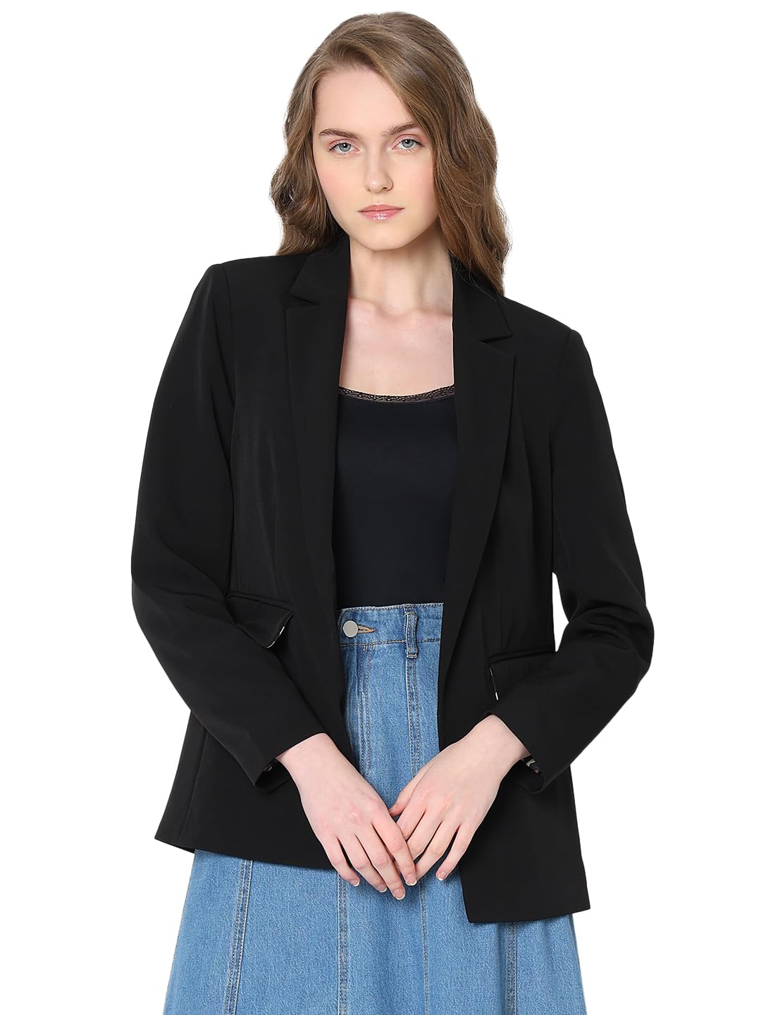 VERO MODA Women Solid Black Polyester Regular Fit Single Breasted Blazer