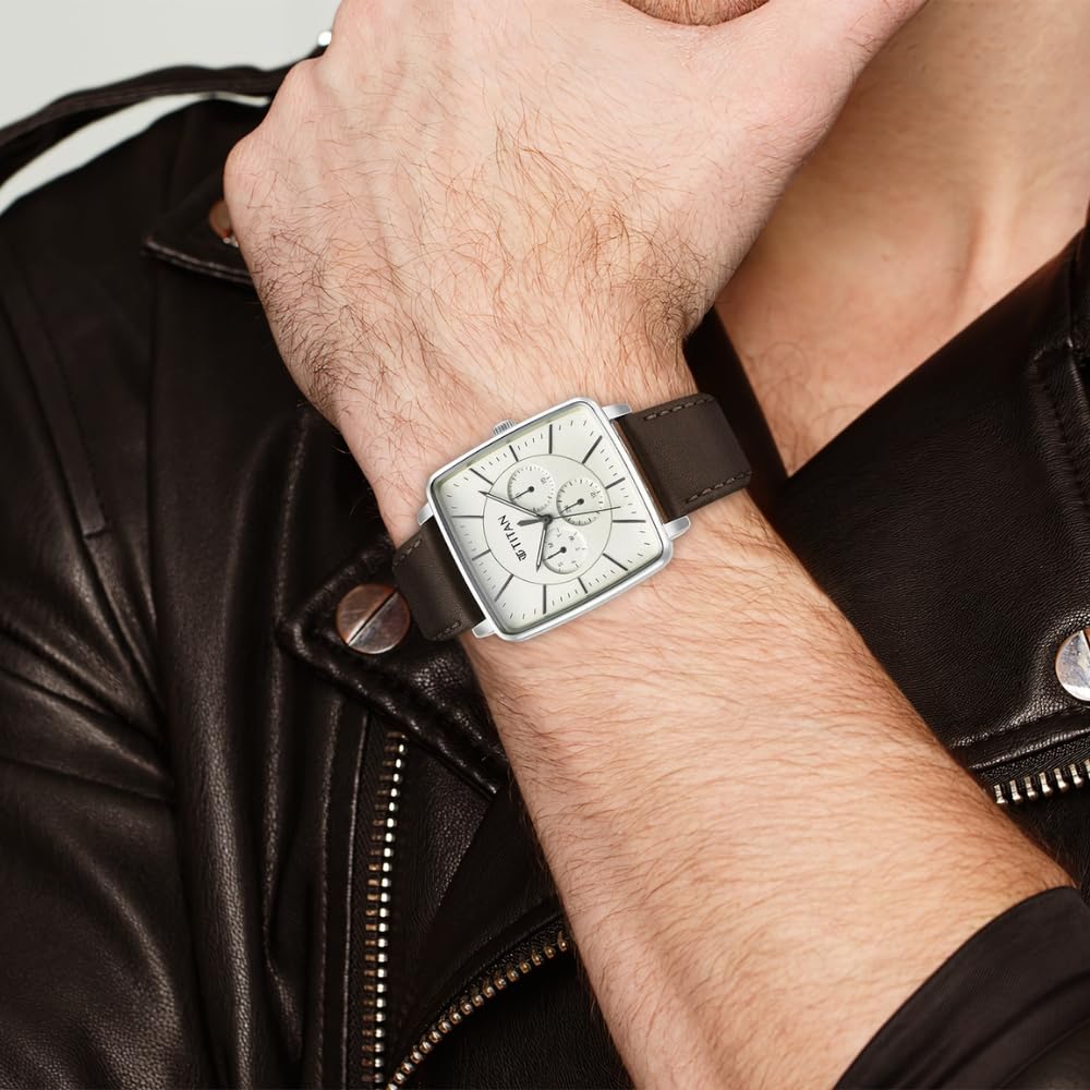 Titan Avant Garde Quartz Multifunction Beige Dial Brown Leather Strap Watch for Men - NT90147SL01