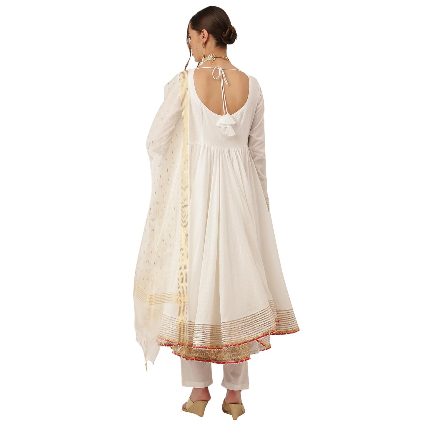 Divena Off White Shree Ram Buta Print Cotton Layered Anarkali Kurta, Trouser With Dupatta