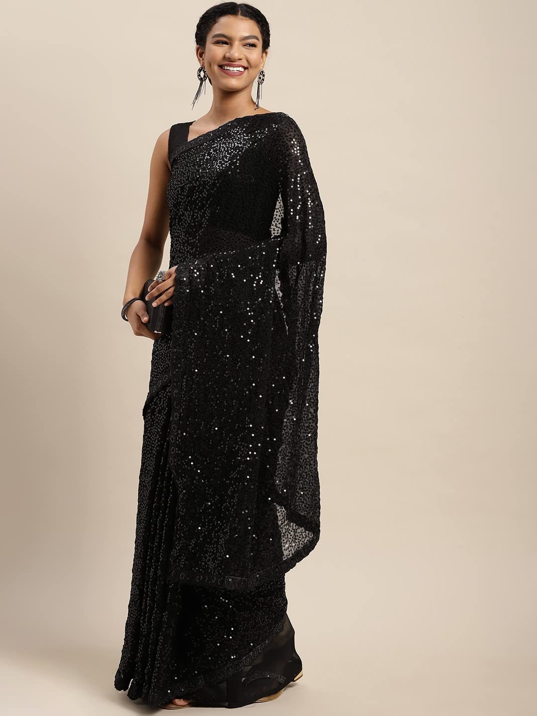 Pandadi Saree Women Black Georgette Saree With All-Over Sequin Work And Satin Banglori Blouse