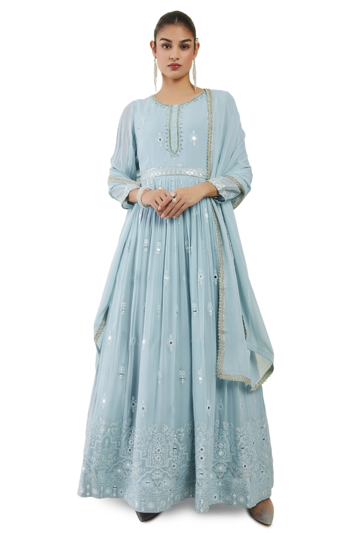 Soch Womens Powder Blue Georgette Gown with Embroidered Gowns and Embellishments - S