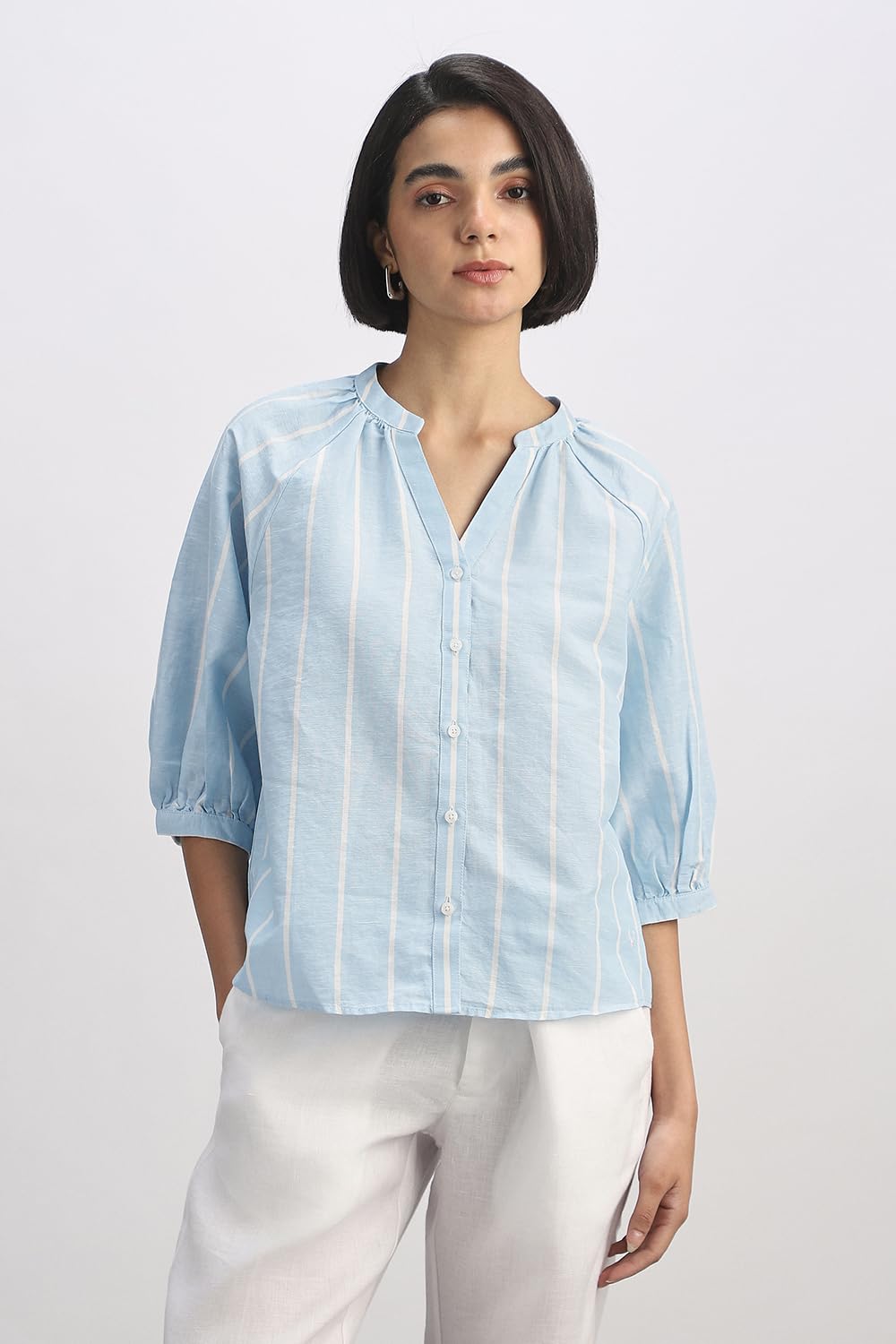 Women Light Blue Stripe Casual Top