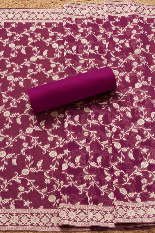 Soch Womens Magenta Organza Zari Woven Unstitch Dress Material With Sequins